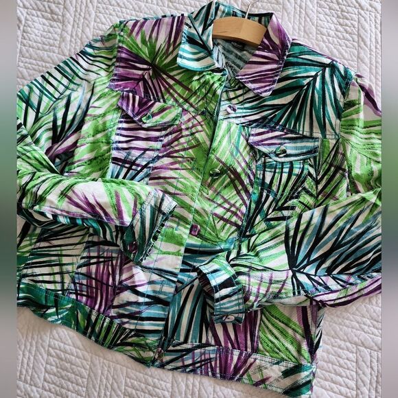Margaret Frances 100% linen long sleeve front buttons palm leaves print jacket - Picture 11 of 12